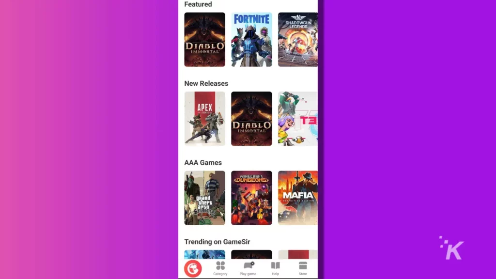 صفحة ألعاب تطبيق gamesir