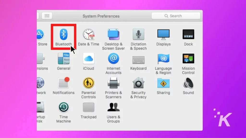 menu de preferências do sistema de configurações bluetooth macos em fundo roxo