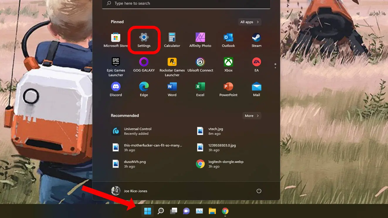 captura de tela da área de trabalho do Windows 11 mostrando o aplicativo de configurações no menu iniciar