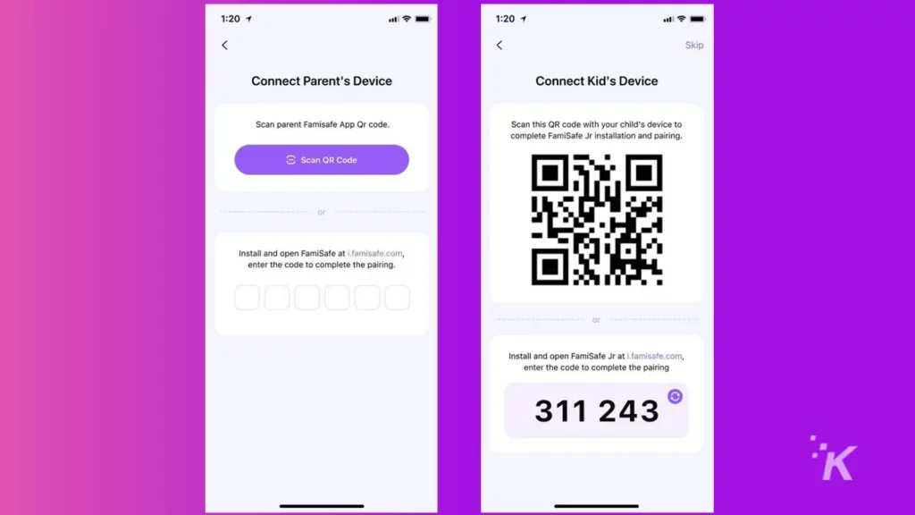 Aplicativo FamiSafe mostrando códigos QR