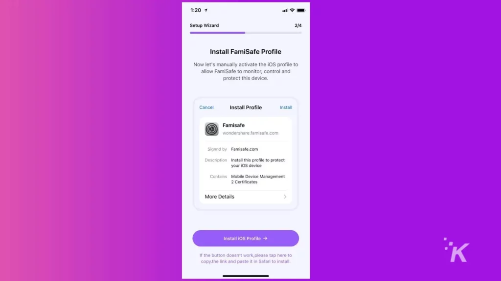 Aplicativo de tela de perfil de instalação do FamiSafe