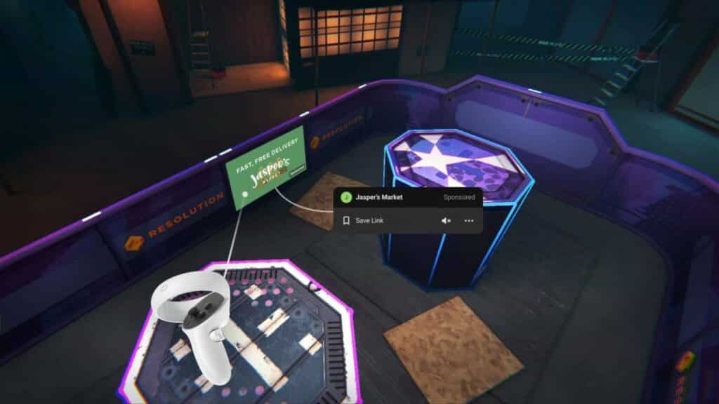 在 oculus quest 上玩 VR 游戏,展示即将到来的游戏内广告