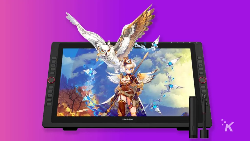 Tablet menggambar Artis 22R Pro dengan latar belakang ungu