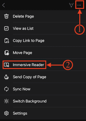Option de lecteur immersif dans OneNote iOS