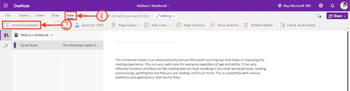 Option de lecteur immersif dans OneNote