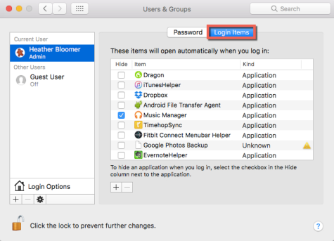 عناصر تسجيل الدخول إلى نظام التشغيل Mac