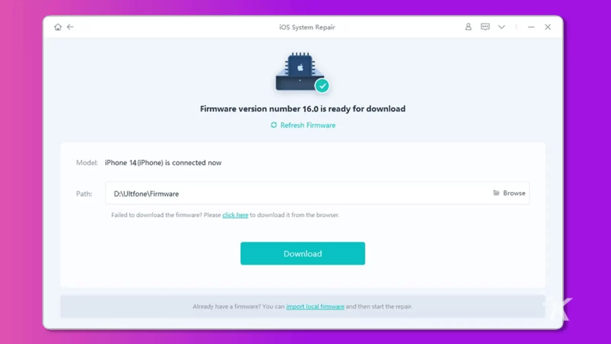 schermata del programma di download del firmware di riparazione del sistema su sfondo viola