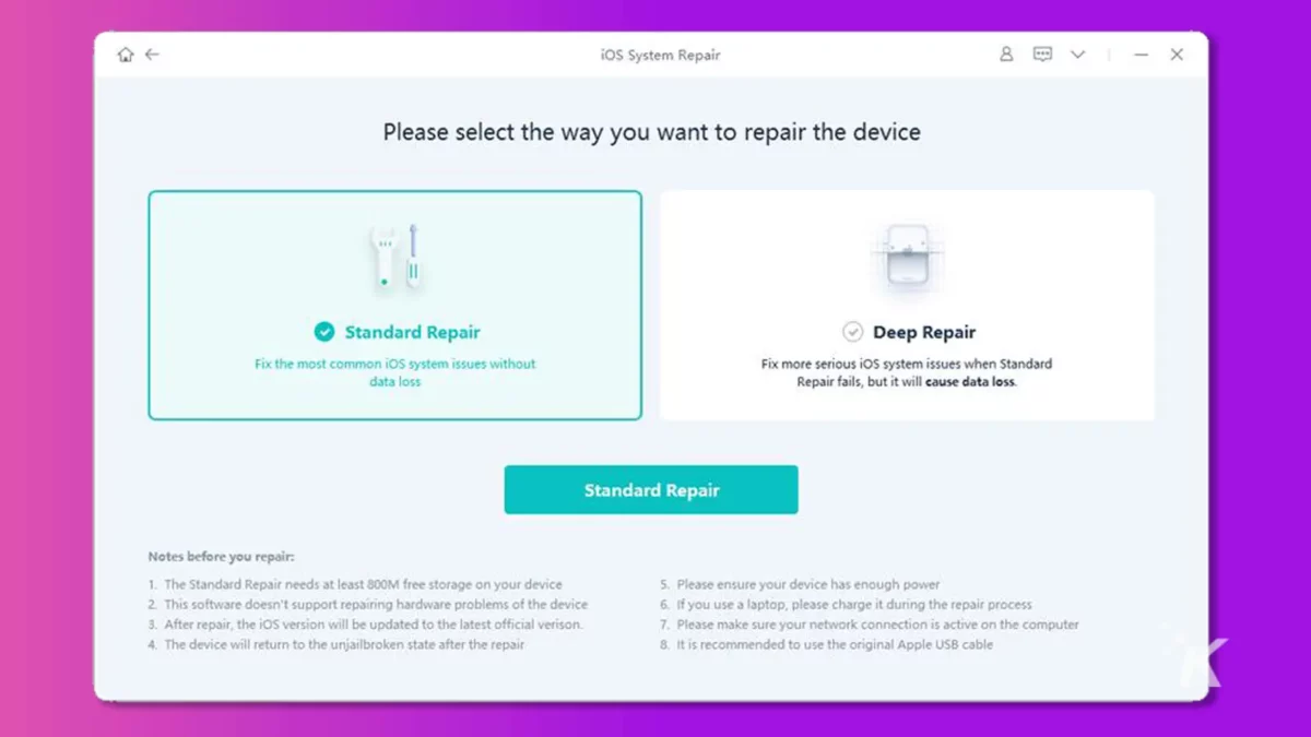 schermata del programma di riparazione standard di riparazione del sistema iOS su sfondo viola