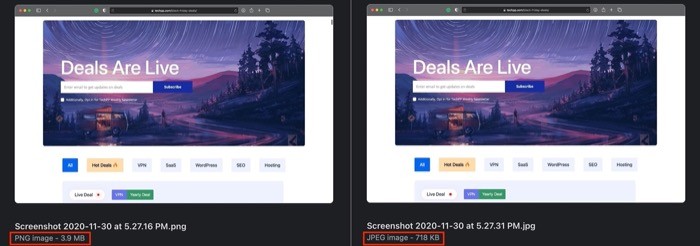 Screenshot size comparison (PNG vs JPG)