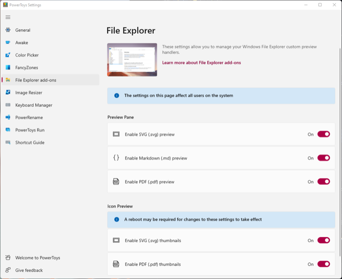 Okienko podglądu PowerToys File Explorer add-ons