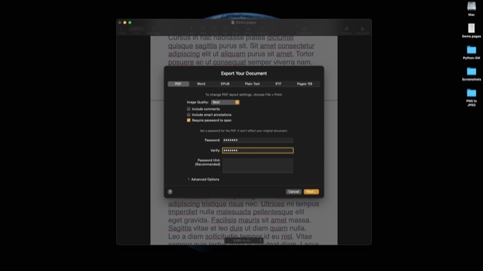 Password protect PDFs using Pages