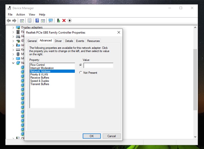 changing MAC address on Windows