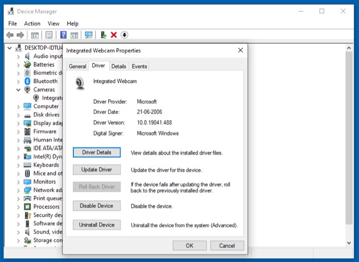 roll back webcam driver
