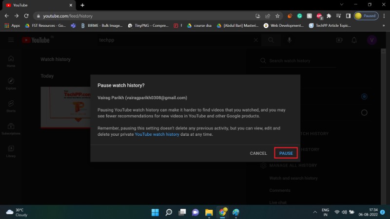 how to pause watch history on Youtube website step 4
