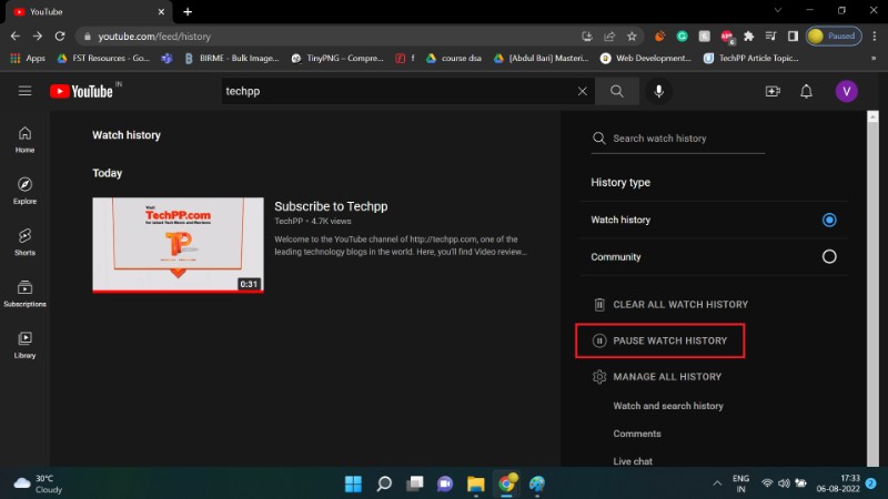 how to pause watch history on Youtube website step 3