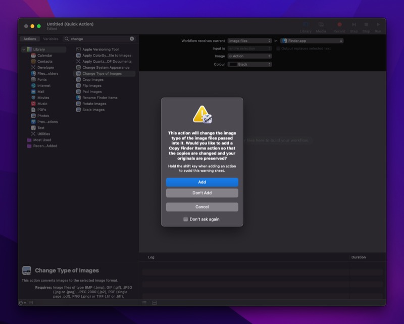 adding image conversion action in Automator