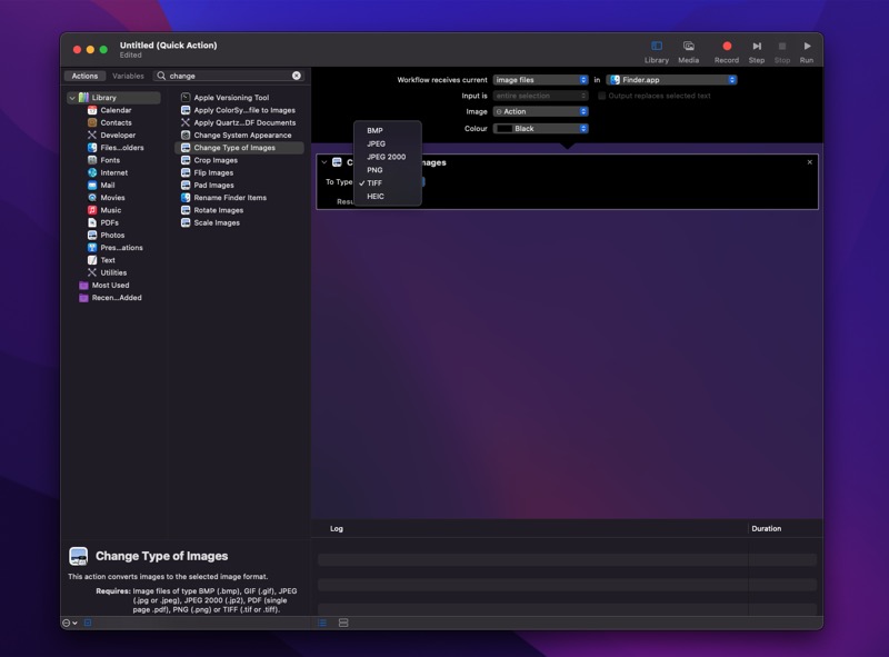 selecting preferred conversion format in Automator workflow