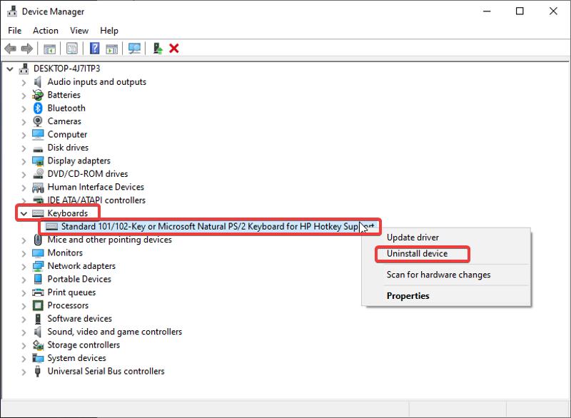 Uninstall driver to fix laptop keyboard not working 