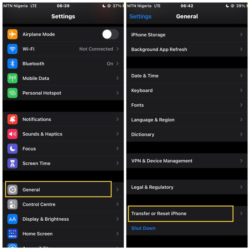 Reset settings 