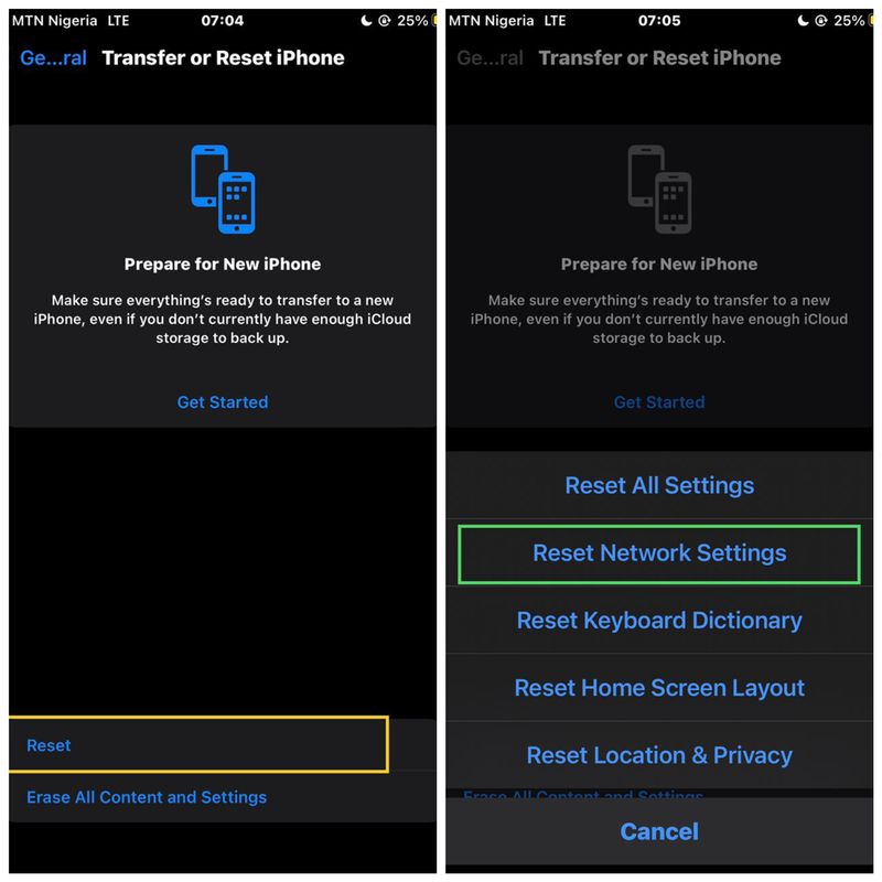 Reset network settings on iPhone 
