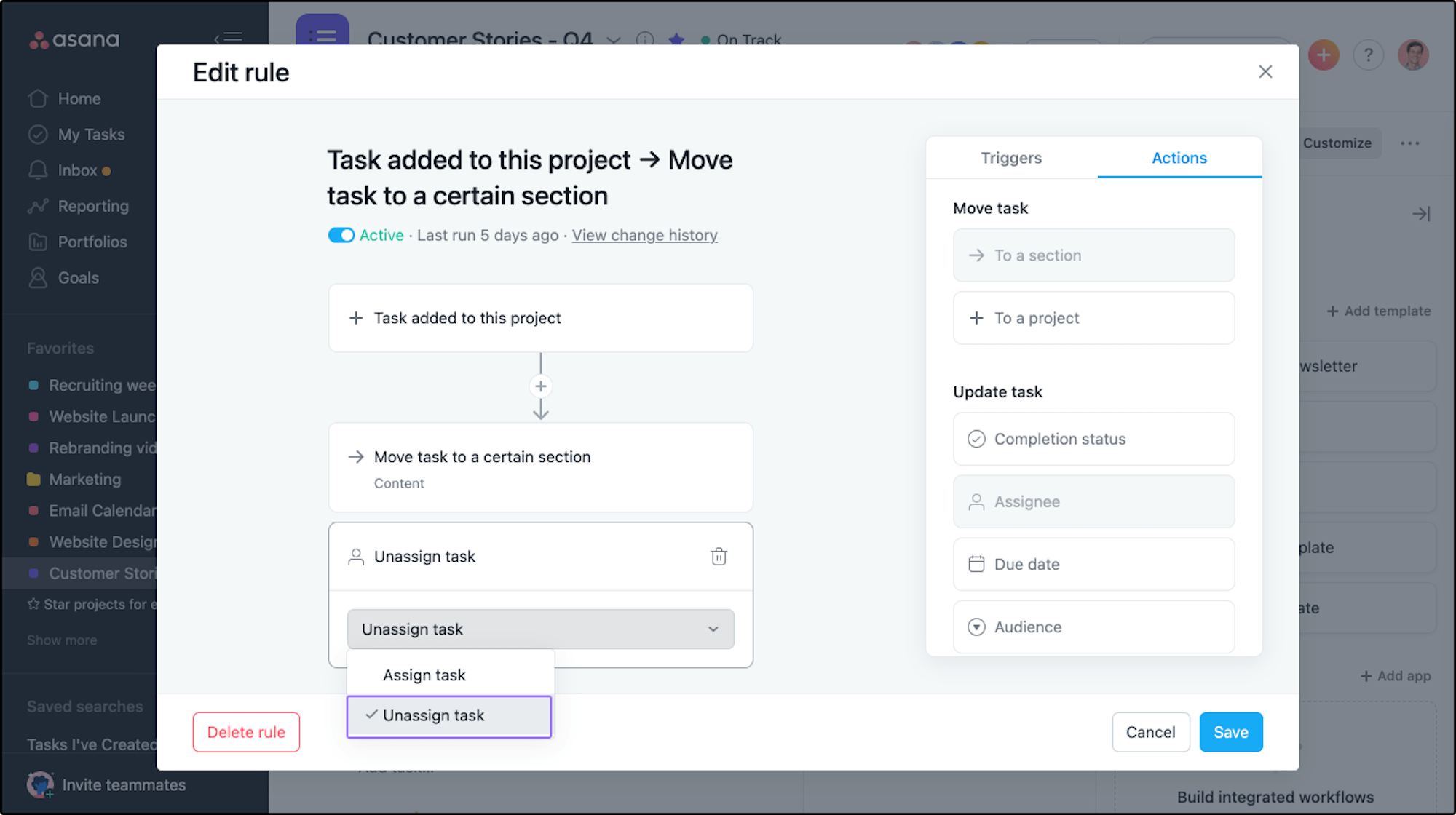 Пользовательские правила задачи asana