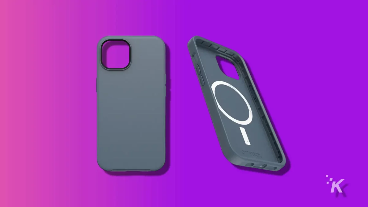 紫色知识技术背景上的 otterbox 对称系列