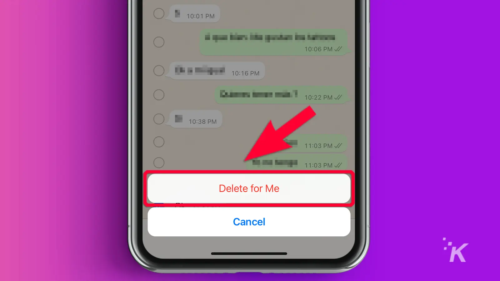 سهم يشير إلى الحذف بالنسبة لي في WhatsApp mobile بخلفية أرجوانية