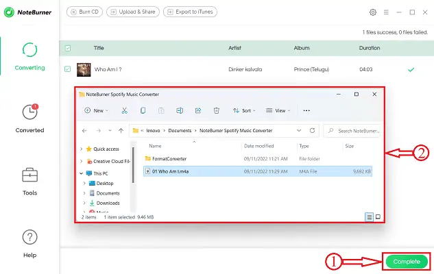 Conversione completata in NoteBurner Spotify Music Converter