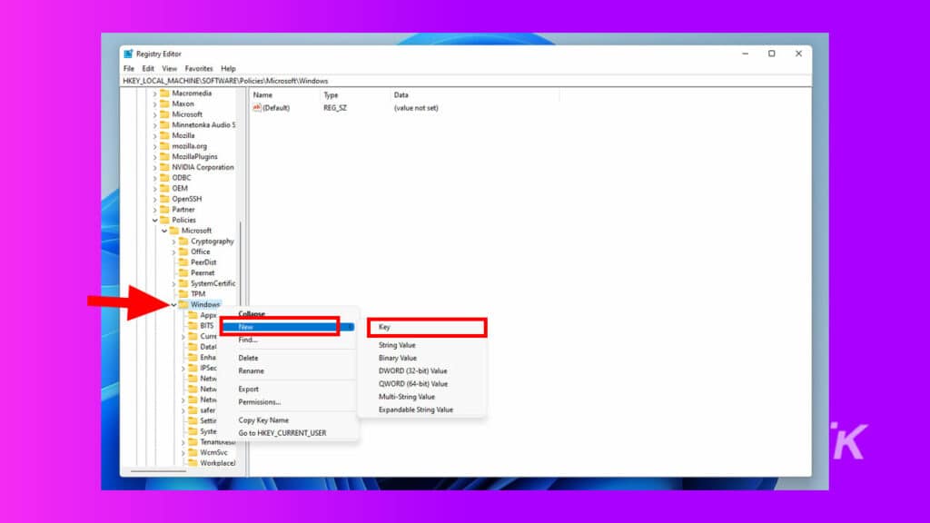 Créer une nouvelle clé dans le chemin Windows
