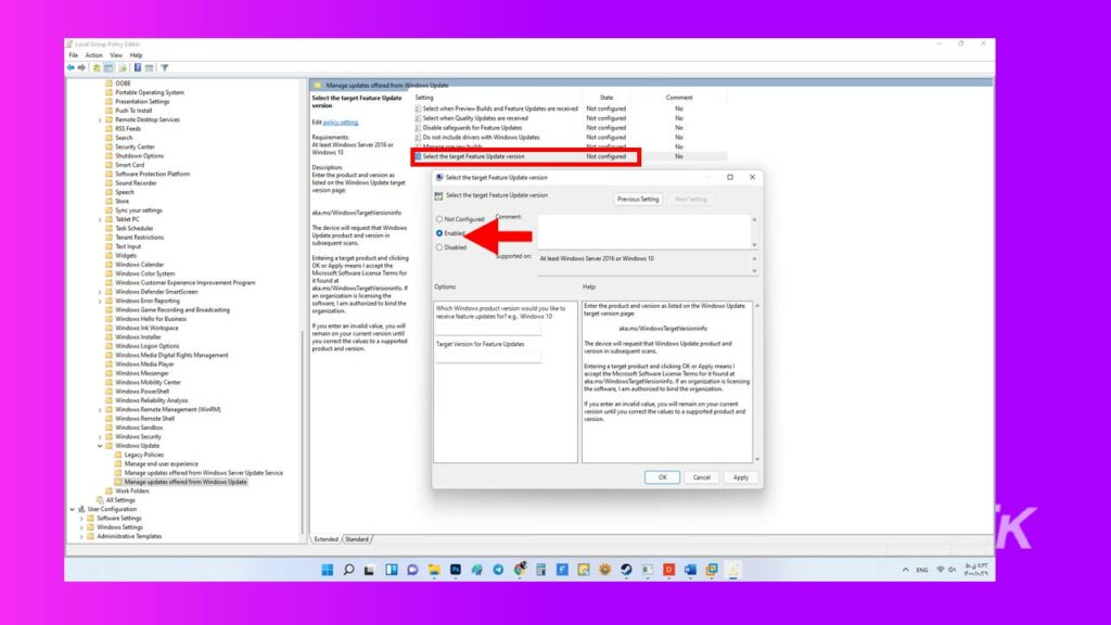 Sélectionnez la version cible de la mise à jour des fonctionnalités