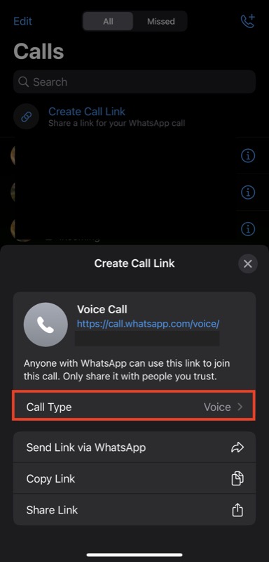 choosing call type for whatsapp call link