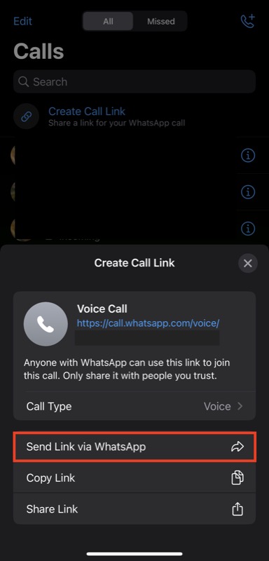 sharing a whatsapp call link via whatsapp