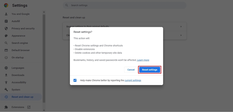 reset google chrome settings to default step 2