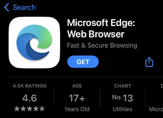 Navigateur Microsoft Edge dans l'App Store iOS