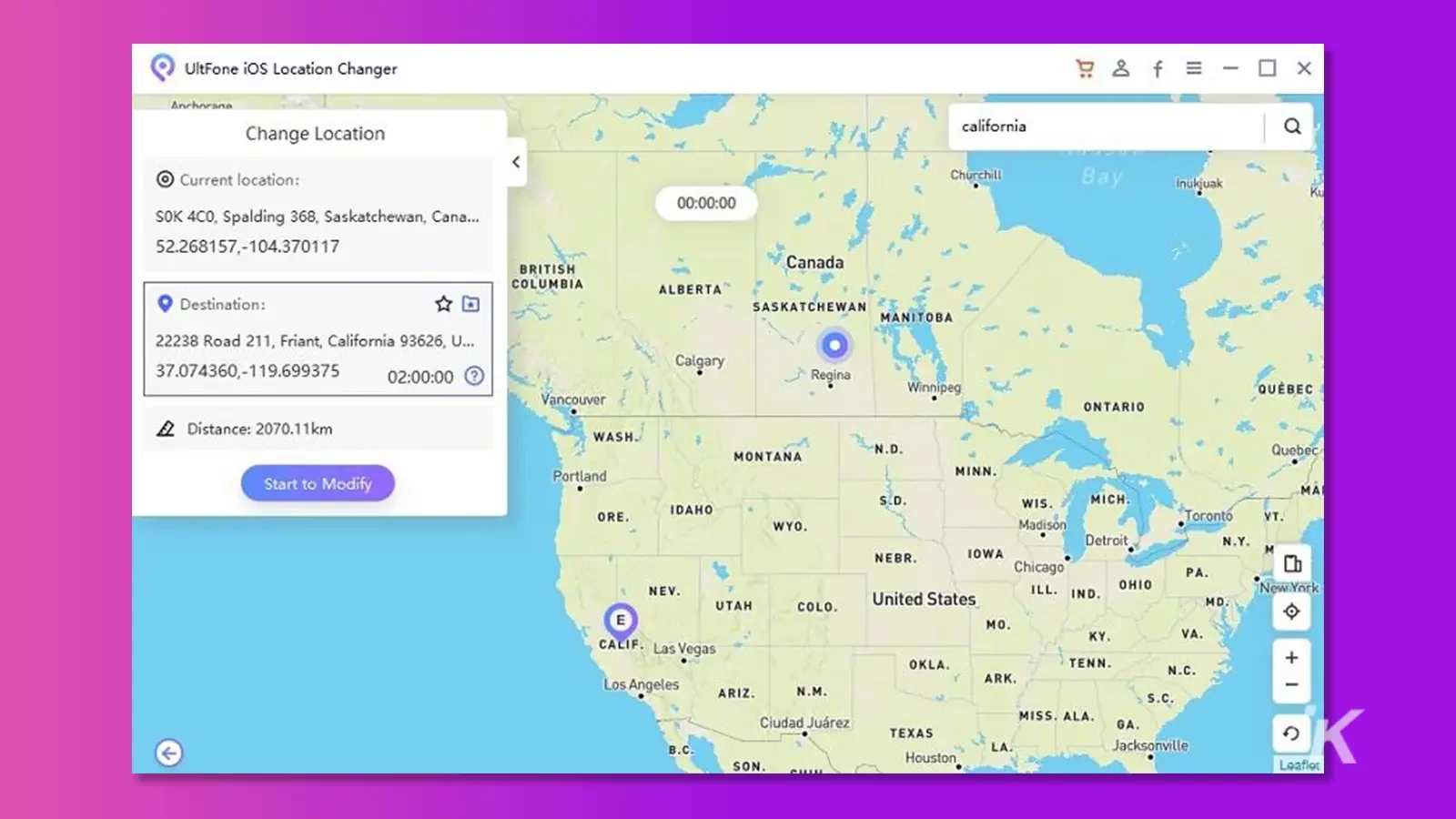 Экран карты UltFone iOS Location Changer