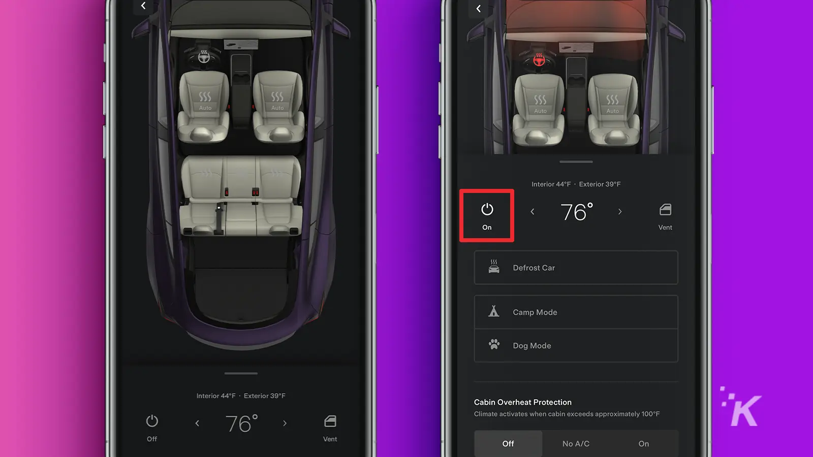 App Tesla che mostra il climatizzatore acceso con un quadrato intorno alla scheda dell'iPhone