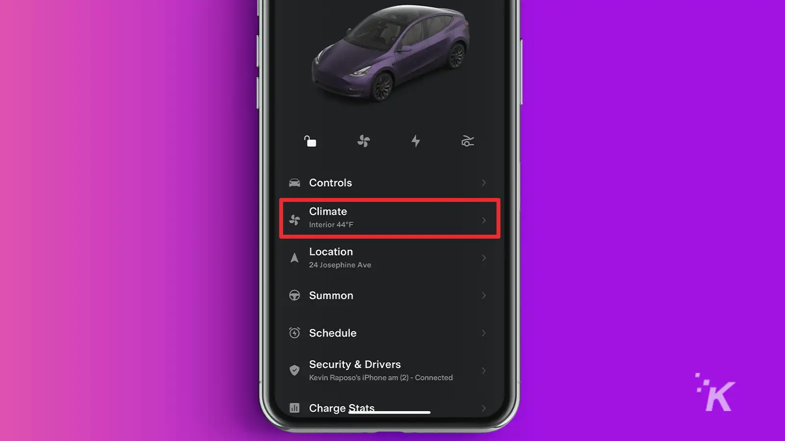 App Tesla su iPhone con rettangolo nella scheda Clima