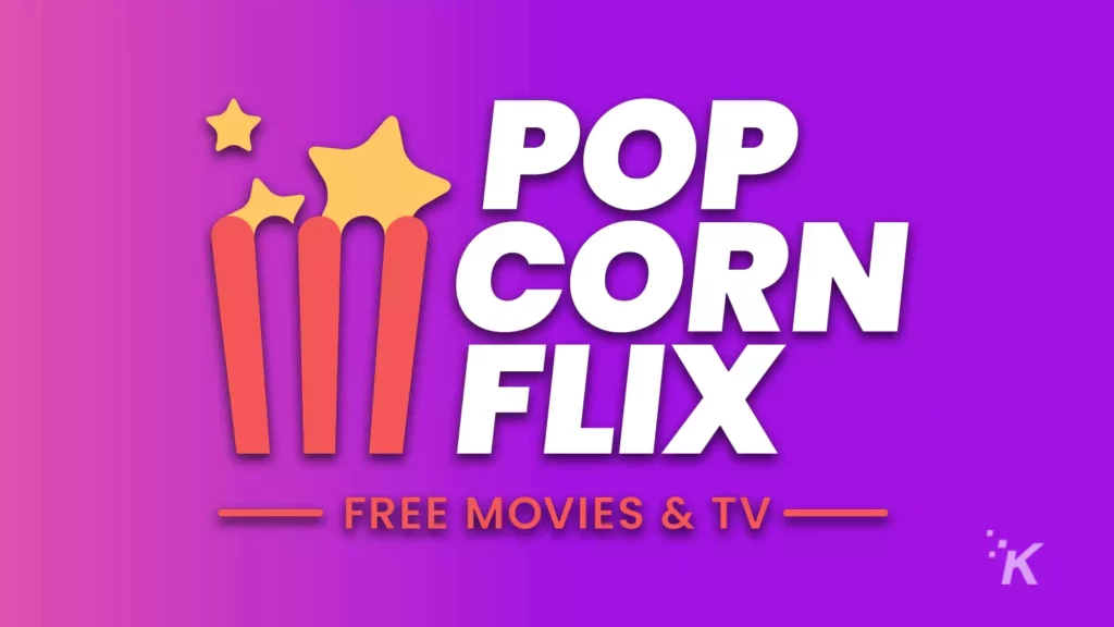 logo popcornflix com balde de pipoca em fundo roxo