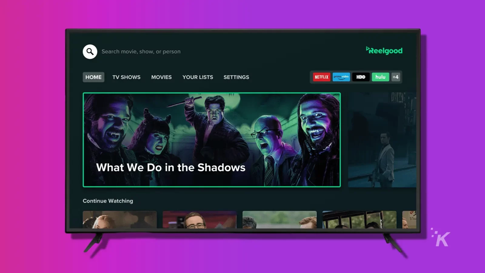 aplicativo de streaming de tv reelgood na tv sobre fundo roxo