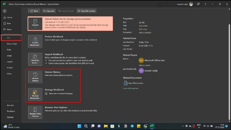 image showing file info options on excel windows