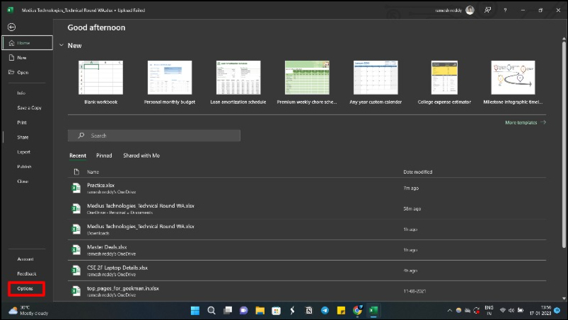 image showing excel file main options
