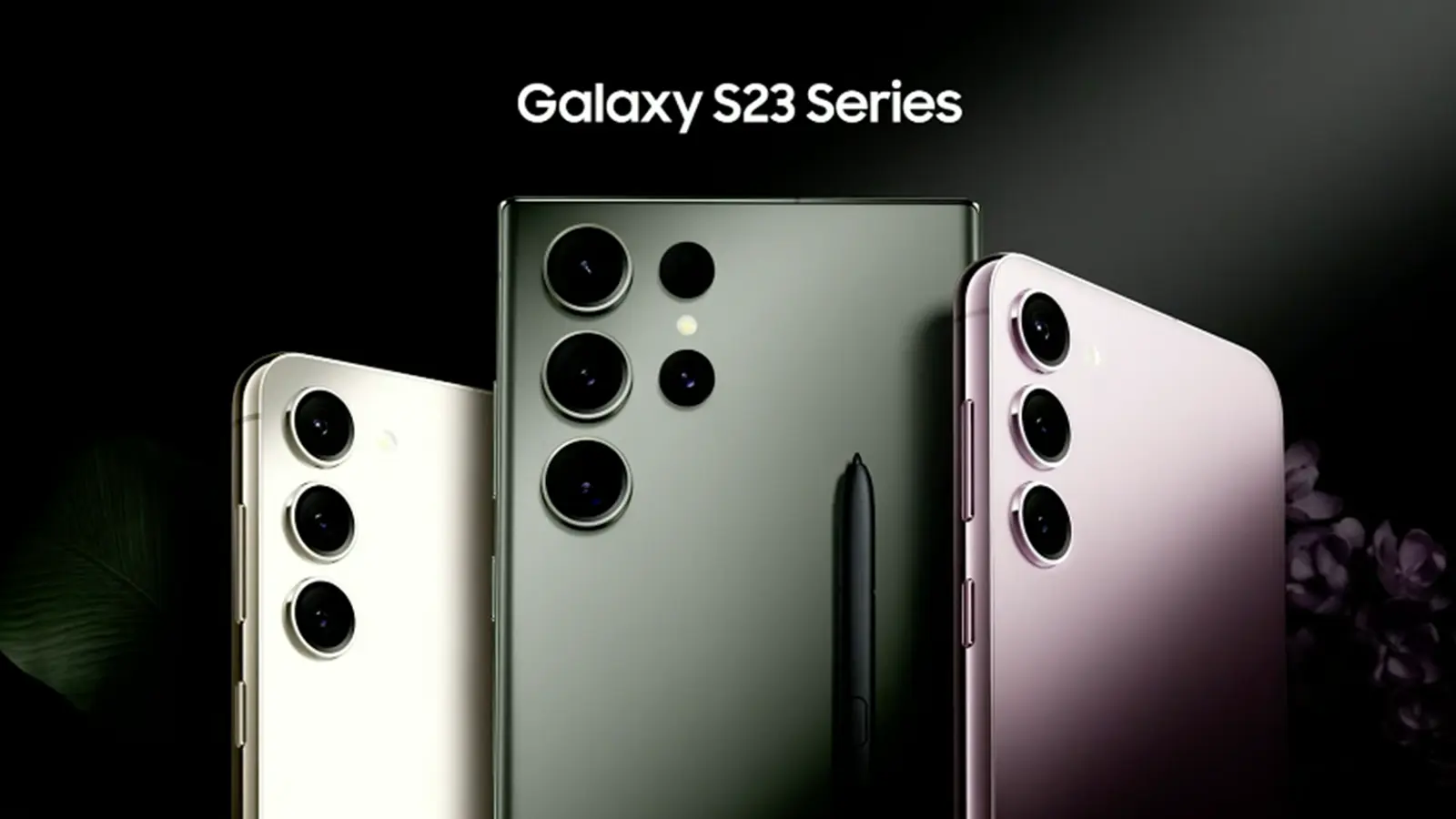 trzy telefony Samsung na czarnym tle