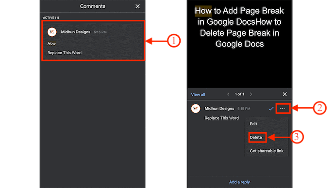 Excluir comentário no Google Docs no iOS