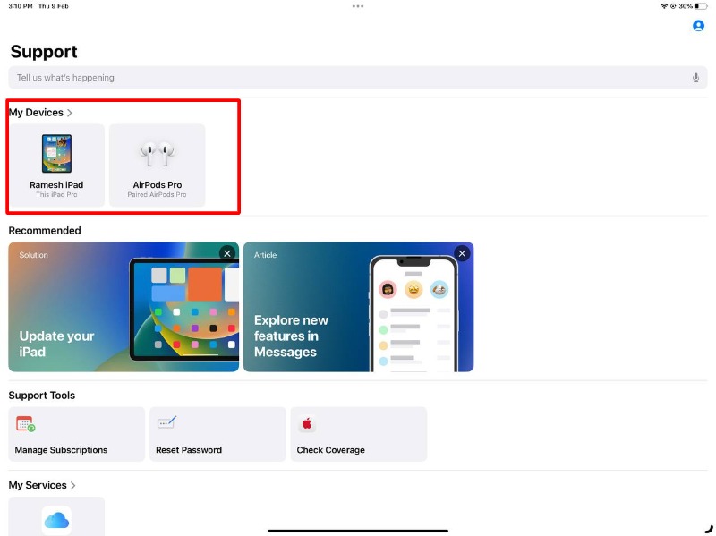 image showing my device options on apple support app on ipad