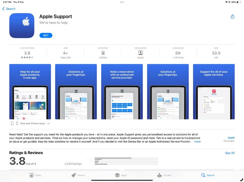 image showing apple suport app in ipad