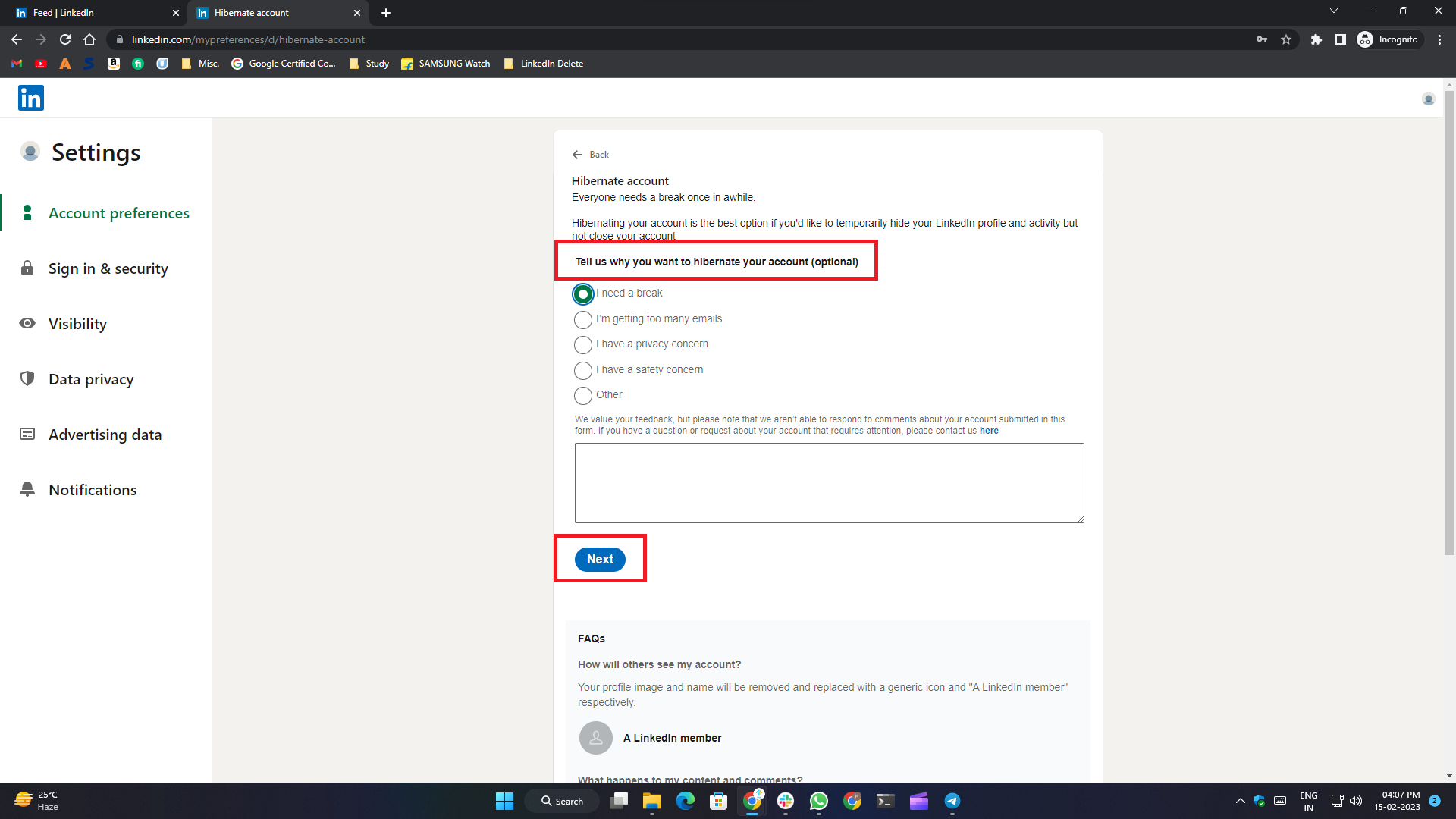 how to delete linkedin account- hibernating reason on web