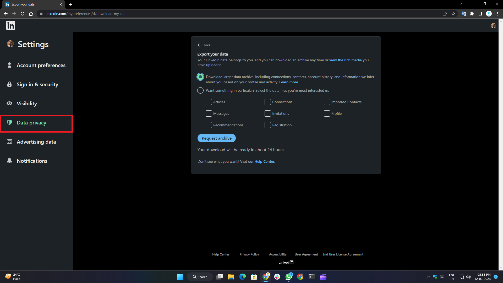 how to delete linkedin account- request archive 