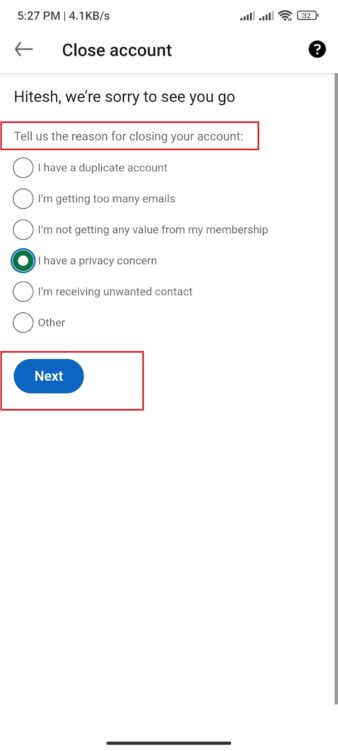 how to delete linkedin account- reasons page on android