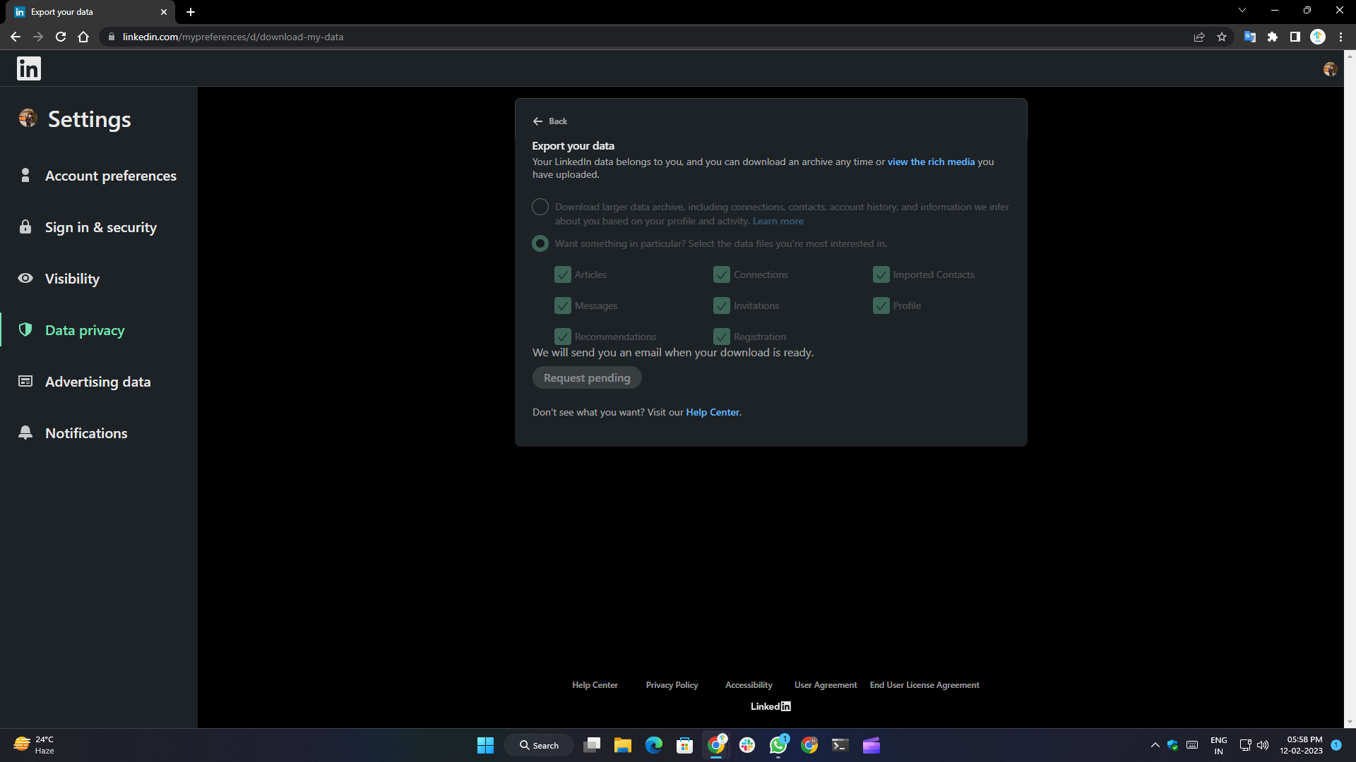 how to delete linkedin account- selection of data for the archive 