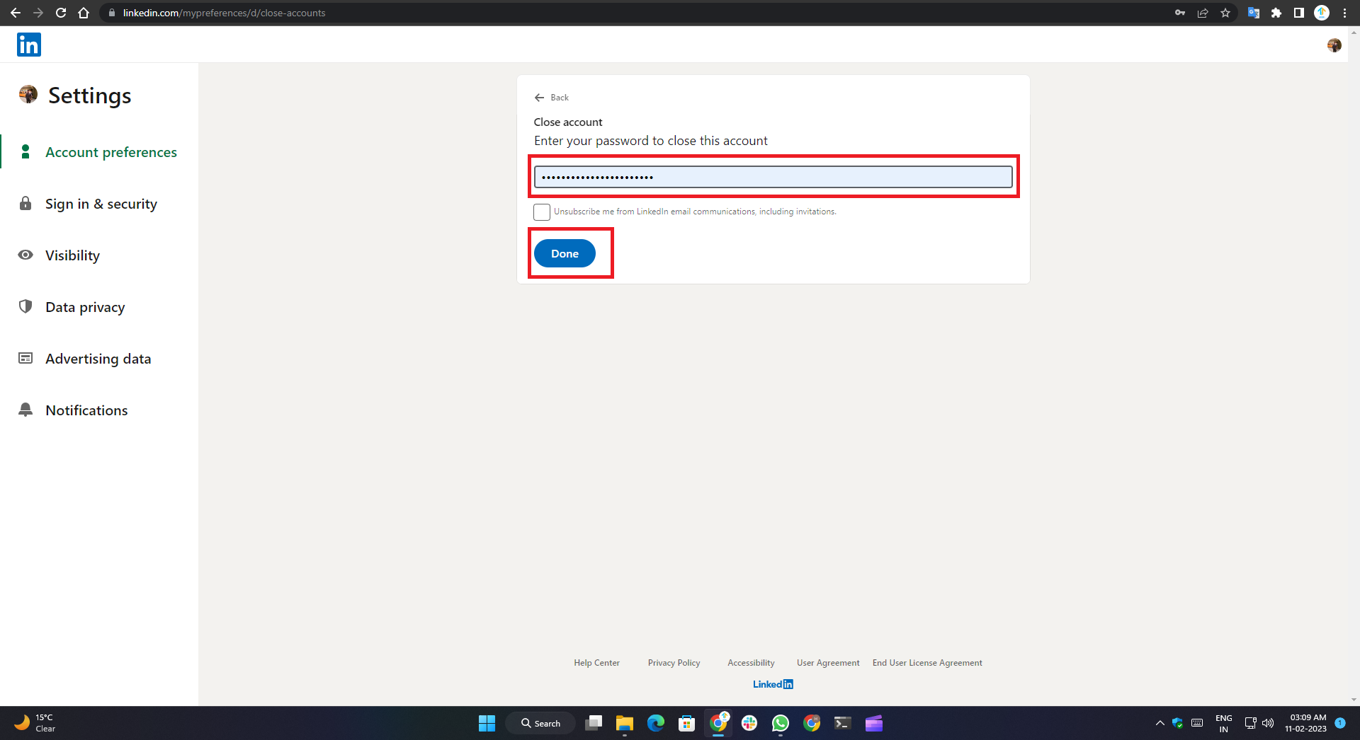 how to delete linkedin account- enter the password to confirm